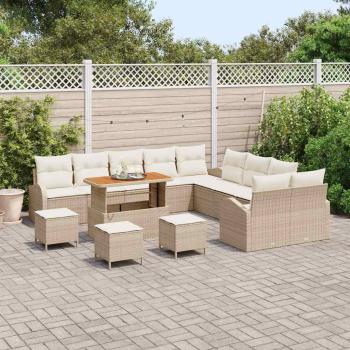 14-teiliges Garten Sofa Set mit Kissen Beige Poly Rattan Akazie, 2-Sitzer Garten Sofa mit Kissen Beige Poly Rattan, 4-teiliges Garten Esszimmer Set mit Kissen Beige Poly Rattan Akazie
