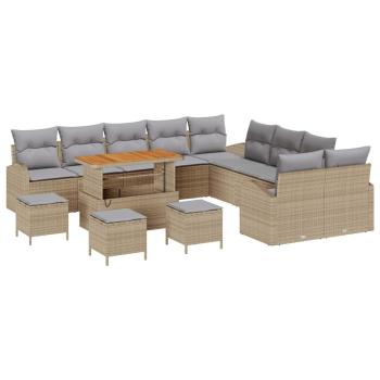 14-teiliges Garten Sofa Set mit Kissen Beige Poly Rattan Akazie, 2-Sitzer Garten Sofa mit Kissen Beige Poly Rattan, 4-teiliges Garten Dining Set mit Kissen Beige Poly Rattan Akazie