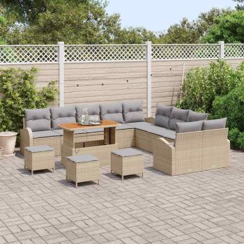 14-teiliges Garten Sofa Set mit Kissen Beige Poly Rattan Akazie, 2-Sitzer Garten Sofa mit Kissen Beige Poly Rattan, 4-teiliges Garten Dining Set mit Kissen Beige Poly Rattan Akazie