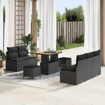 ARDEBO.de - 8-teiliges Garten Sofa Set mit Kissen Schwarz Poly Rattan Akazie, 2-Sitzer Garten Sofa mit Kissen Schwarz Poly Rattan, 3-teiliges Garten Ess-Set mit Kissen Schwarz Poly Rattan Akazie