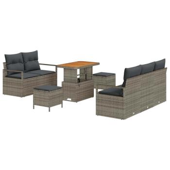 8 Teiliges Garten Sofa Set mit Kissen Grau Poly Rattan Akazie, 2-Sitzer Garten Sofa mit Kissen Grau Poly Rattan, 3 Teiliges Garten Ess Set mit Kissen Grau Poly Rattan Akazie