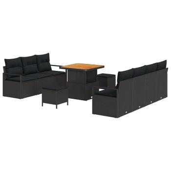 10-teiliges Garten Sofa Set mit Kissen Schwarz Poly Rattan Akazie, 2-Sitzer Garten Sofa mit Kissen Schwarz Poly Rattan, 3-teiliges Garten Esszimmer Set mit Kissen Schwarz Poly Rattan Akazie