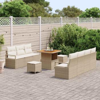 10-teiliges Garten Sofa Set mit Kissen Beige Poly Rattan Akazie, 2-Sitzer Garten Sofa mit Kissen Beige Poly Rattan, 3-teiliges Garten Esstisch Set mit Kissen Beige Poly Rattan Akazie
