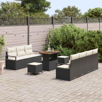 10-teiliges Garten-Sofa-Set mit Kissen Schwarzes Poly-Rattan Akazie, 2-Sitzer Garten-Sofa mit Kissen Schwarzes Poly-Rattan, 3-teiliges Garten-Ess-Set mit Kissen Schwarzes Poly-Rattan Akazie