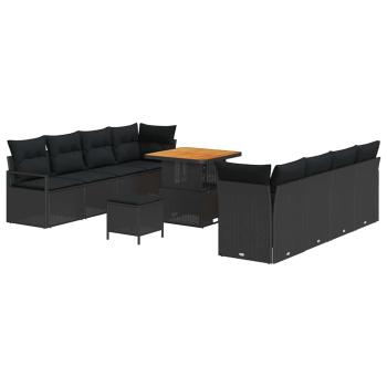 11-teiliges Garten Sofa Set mit Kissen Schwarz Poly Rattan Akazie, 2-Sitzer Garten Sofa mit Kissen Schwarz Poly Rattan, 3-teiliges Garten Esszimmer Set mit Kissen Schwarz Poly Rattan Akazie
