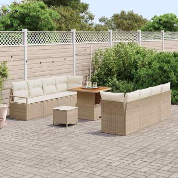 11-teiliges Garten Sofa Set mit Kissen Beige Poly Rattan Akazie, 2-Sitzer Garten Sofa mit Kissen Beige Poly Rattan, 3-teiliges Garten Essset mit Kissen Beige Poly Rattan Akazie