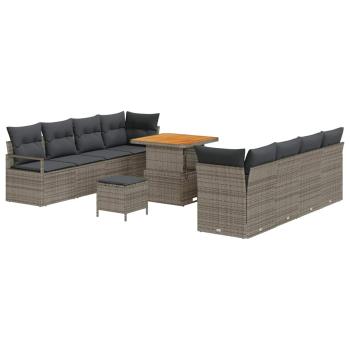 ARDEBO.de - 11-teiliges Garten-Sofaset mit Kissen Grau Poly-Rattan Akazie, 2-Sitzer Garten-Sofa mit Kissen Grau Poly-Rattan, 3-teiliges Garten-Dining-Set mit Kissen Grau Poly-Rattan Akazie