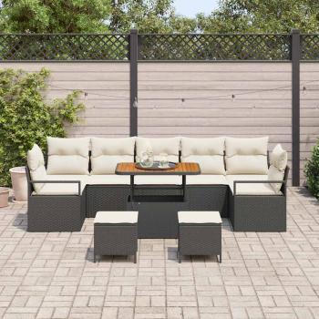 10-teiliges Garten Sofa Set mit Kissen Schwarz Poly Rattan Akazie, 2-Sitzer Garten Sofa mit Kissen Schwarz Poly Rattan, 3-teiliges Garten Essset mit Kissen Schwarz Poly Rattan Akazie