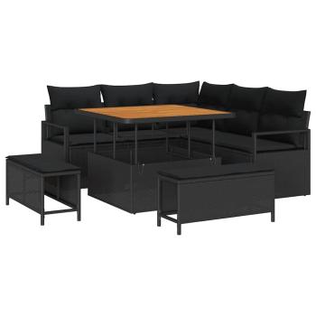 8-teiliges Garten-Sofa-Set mit Kissen Schwarz Poly-Rattan Akazie, 2-Sitzer Garten-Sofa mit Kissen Schwarz Poly-Rattan, 3-teiliges Garten-Essset mit Kissen Schwarz Poly-Rattan Akazie