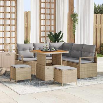 ARDEBO.de - 8-teiliges Garten Sofa Set mit Kissen Beiges Poly Rattan Akazie, 2-Sitzer Garten Sofa mit Kissen Beiges Poly Rattan, 3-teiliges Garten Essset mit Kissen Beiges Poly Rattan Akazie