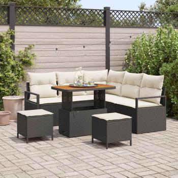 ARDEBO.de - 8-teiliges Garten Sofa Set mit Kissen Schwarz Poly Rattan Akazie, 2-Sitzer Garten Sofa mit Kissen Schwarz Poly Rattan, 3-teiliges Garten Esstisch Set mit Kissen Schwarz Poly Rattan Akazie