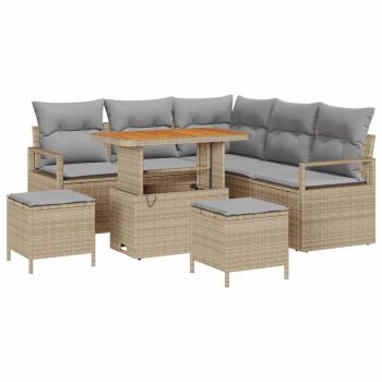8 Teiliges Garten Sofa Set mit Kissen Beige Poly Rattan Akazie, 2-Sitzer Garten Sofa mit Kissen Beige Poly Rattan, 3 Teiliges Garten Essset mit Kissen Beige Poly Rattan Akazie