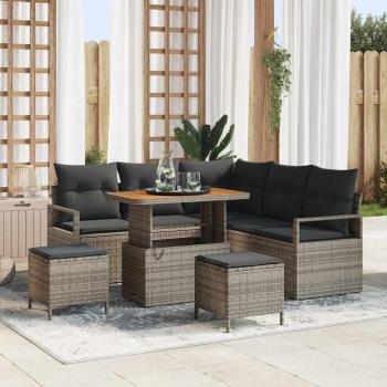 ARDEBO.de - 8-teiliges Garten Sofa Set mit Kissen Grau Poly Rattan Akazie, 2-Sitzer Garten Sofa mit Kissen Grau Poly Rattan, 3-teiliges Garten Esstisch Set mit Kissen Grau Poly Rattan Akazie