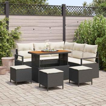 ARDEBO.de - 9-teiliges Garten Sofa Set mit Kissen Schwarz Poly Rattan Akazie, 2-Sitzer Garten Sofa mit Kissen Schwarz Poly Rattan, 4-teiliges Garten Essset mit Kissen Schwarz Poly Rattan Akazie