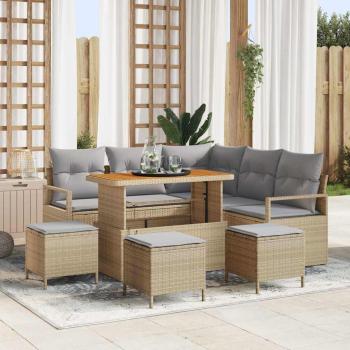 ARDEBO.de - 9-teiliges Garten Sofa Set mit Kissen Beigefarbener Poly Rattan Akazie, 2-Sitzer Garten Sofa mit Kissen Beigefarbener Poly Rattan, 4-teiliges Garten Essset mit Kissen Beigefarbener Poly Rattan Akazie