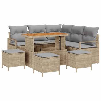 9-teiliges Garten Sofa Set mit Kissen Beigefarbener Poly Rattan Akazie, 2-Sitzer Garten Sofa mit Kissen Beigefarbener Poly Rattan, 4-teiliges Garten Essset mit Kissen Beigefarbener Poly Rattan Akazie