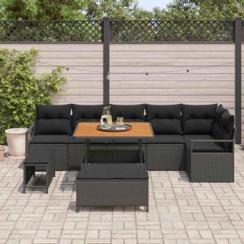 9-teiliges Garten Sofa Set mit Kissen Schwarz Poly Rattan Akazie, 2-Sitzer Garten Sofa mit Kissen Schwarz Poly Rattan, 3-teiliges Garten Esstisch Set mit Kissen Schwarz Poly Rattan Akazie
