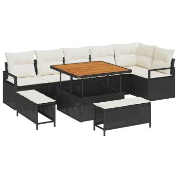 9 Teile Garten Sofa Set mit Kissen Schwarz Poly Rattan Akazie, 2-Sitzer Garten Sofa mit Kissen Schwarz Poly Rattan, 3 Teile Garten Essset mit Kissen Schwarz Poly Rattan Akazie