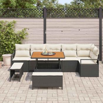 9 Teile Garten Sofa Set mit Kissen Schwarz Poly Rattan Akazie, 2-Sitzer Garten Sofa mit Kissen Schwarz Poly Rattan, 3 Teile Garten Essset mit Kissen Schwarz Poly Rattan Akazie