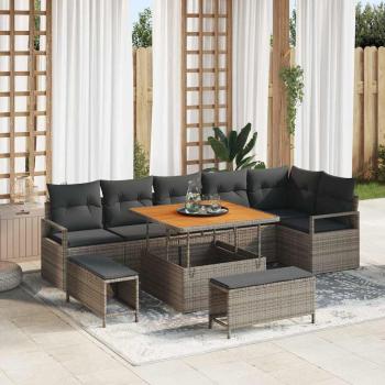 ARDEBO.de - 9-teiliges Gartensofa-Set mit Kissen Grau Poly-Rattan Akazie, 2-Sitzer Gartensofa mit Kissen Grau Poly-Rattan, 3-teiliges Gartendining-Set mit Kissen Grau Poly-Rattan Akazie