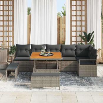 9-teiliges Gartensofa-Set mit Kissen Grau Poly-Rattan Akazie, 2-Sitzer Gartensofa mit Kissen Grau Poly-Rattan, 3-teiliges Gartendining-Set mit Kissen Grau Poly-Rattan Akazie