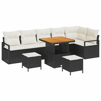 9-teiliges Garten Sofa Set mit Kissen Schwarz Poly Rattan Akazie, 2-Sitzer Garten Sofa mit Kissen Schwarz Poly Rattan, 3-teiliges Garten Esstisch Set mit Kissen Schwarz Poly Rattan Akazie