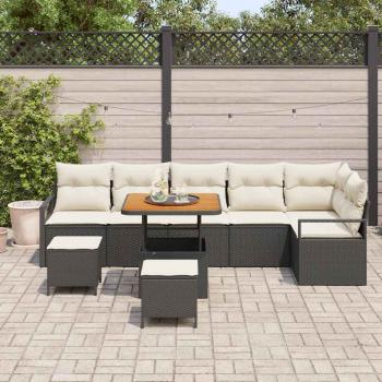 9-teiliges Garten Sofa Set mit Kissen Schwarz Poly Rattan Akazie, 2-Sitzer Garten Sofa mit Kissen Schwarz Poly Rattan, 3-teiliges Garten Esstisch Set mit Kissen Schwarz Poly Rattan Akazie