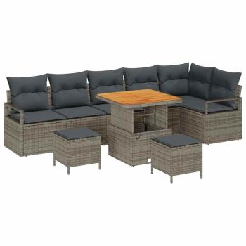 9-teiliges Garten Sofa Set mit Kissen Grau Poly Rattan Akazie, 2-Sitzer Garten Sofa mit Kissen Grau Poly Rattan, 3-teiliges Garten Essset mit Kissen Grau Poly Rattan Akazie