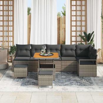 9-teiliges Garten Sofa Set mit Kissen Grau Poly Rattan Akazie, 2-Sitzer Garten Sofa mit Kissen Grau Poly Rattan, 3-teiliges Garten Essset mit Kissen Grau Poly Rattan Akazie