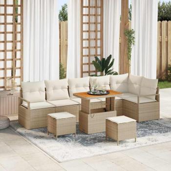 ARDEBO.de - 9 Teiliges Garten Sofa Set mit Kissen Beige Poly Rattan Akazie, 2-Sitzer Garten Sofa mit Kissen Beige Poly Rattan, 3 Teiliges Garten Esszimmer Set mit Kissen Beige Poly Rattan Akazie