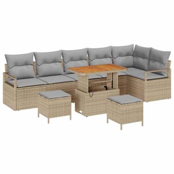 9-teiliges Gartensofa Set mit Kissen Beiges Poly Rattan Akazie, 2-Sitzer Gartensofa mit Kissen Beiges Poly Rattan, 3-teiliges Garten Esstisch Set mit Kissen Beiges Poly Rattan Akazie