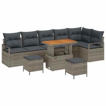 9-teiliges Garten Sofa Set mit Kissen Grau Poly Rattan Akazie, 2-Sitzer Garten Sofa mit Kissen Grau Poly Rattan, 3-teiliges Garten Esszimmer Set mit Kissen Grau Poly Rattan Akazie