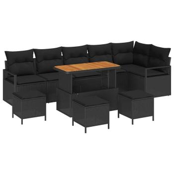 10-teilige Garten Sofa Set mit Kissen Schwarz Poly Rattan Akazie, 2-Sitzer Garten Sofa mit Kissen Schwarz Poly Rattan, 4-teiliges Garten Essset mit Kissen Schwarz Poly Rattan Akazie