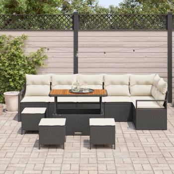10-teilige Garten Sofagarnitur mit Kissen Schwarz Poly Rattan Akazie, 2-Sitzer Garten Sofa mit Kissen Schwarz Poly Rattan, 4-teiliges Garten Essset mit Kissen Schwarz Poly Rattan Akazie