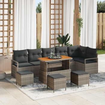 ARDEBO.de - 10-teiliges Garten-Sofa-Set mit Kissen grau Poly-Rattan Akazie, 2-Sitzer Garten-Sofa mit Kissen grau Poly-Rattan, 4-teiliges Garten-Dining-Set mit Kissen grau Poly-Rattan Akazie