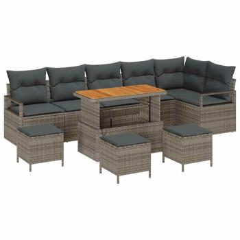 10-teiliges Garten-Sofa-Set mit Kissen grau Poly-Rattan Akazie, 2-Sitzer Garten-Sofa mit Kissen grau Poly-Rattan, 4-teiliges Garten-Dining-Set mit Kissen grau Poly-Rattan Akazie