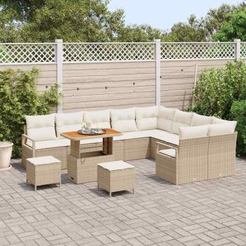 12-teiliges Garten-Sofa-Set mit Kissen Beige Poly Rattan Akazie, 3-teiliges Garten-Ess-Set mit Kissen Beige Poly Rattan Akazie, 2-Sitzer Garten Sofa mit Kissen Beige Poly Rattan