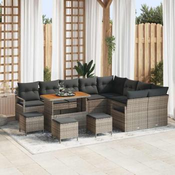 ARDEBO.de - 13-teiliges Garten-Sofa-Set mit Kissen Grau Poly Rattan Akazie, 4-teiliges Garten-Dining-Set mit Kissen Grau Poly Rattan Akazie, 2-Sitzer Garten-Sofa mit Kissen Grau Poly Rattan