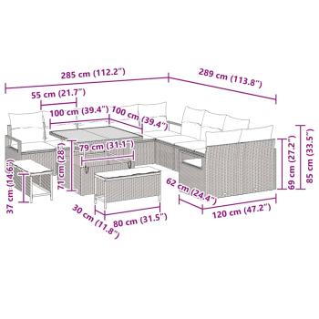 13-teiliges Garten-Sofa-Set mit Kissen Grau Poly-Rattan Akazie, 2-Sitzer Garten-Sofa mit Kissen Grau Poly-Rattan, 3-teiliges Garten-Ess-Set mit Kissen Grau Poly-Rattan Akazie