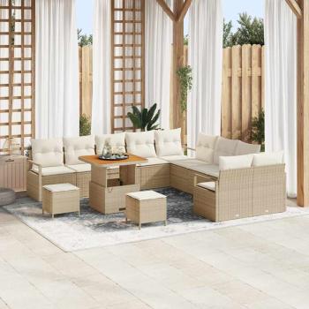 ARDEBO.de - 13-teiliges Garten Sofa Set mit Kissen Beige Poly Rattan Akazie, 2-Sitzer Garten Sofa mit Kissen Beige Poly Rattan, 3-teiliges Garten Essset mit Kissen Beige Poly Rattan Akazie