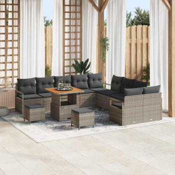 ARDEBO.de - 13-teiliges Garten Sofa Set mit Kissen Grau Poly Rattan Akazie, 2-Sitzer Garten Sofa mit Kissen Grau Poly Rattan, 3-teiliges Garten Essset mit Kissen Grau Poly Rattan Akazie