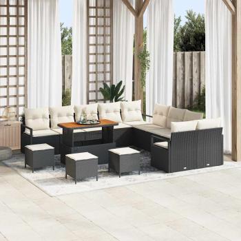 ARDEBO.de - 14-Teiliges Garten Sofa Set mit Kissen Schwarz Poly Rattan Akazie, 2-Sitzer Garten Sofa mit Kissen Schwarz Poly Rattan, 4-teiliges Garten Essset mit Kissen Schwarz Poly Rattan Akazie