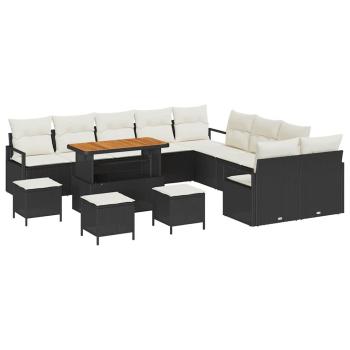 14-Teiliges Garten Sofa Set mit Kissen Schwarz Poly Rattan Akazie, 2-Sitzer Garten Sofa mit Kissen Schwarz Poly Rattan, 4-teiliges Garten Essset mit Kissen Schwarz Poly Rattan Akazie