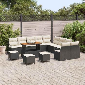 14-Teiliges Garten Sofa Set mit Kissen Schwarz Poly Rattan Akazie, 2-Sitzer Garten Sofa mit Kissen Schwarz Poly Rattan, 4-teiliges Garten Essset mit Kissen Schwarz Poly Rattan Akazie