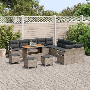 14-teiliges Garten Sofa Set mit Kissen Grau Poly Rattan Akazie, 2-Sitzer Garten Sofa mit Kissen Grau Poly Rattan, 4-teiliges Garten Dining Set mit Kissen Grau Poly Rattan Akazie