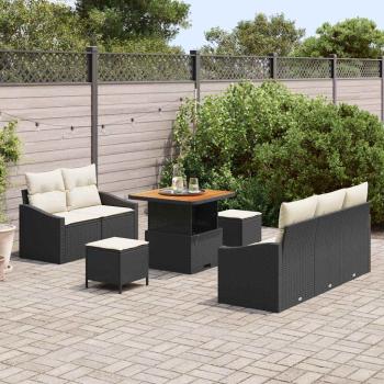 8-teiliges Garten Sofa Set mit Kissen Schwarz Poly Rattan Akazie, 2-Sitzer Garten Sofa mit Kissen Schwarz Poly Rattan, 3-teiliges Garten Esstisch Set mit Kissen Schwarz Poly Rattan Akazie