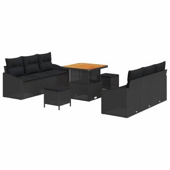 9-Teiliges Garten Sofa Set mit Kissen Schwarz Poly Rattan Akazie, 2-Sitzer Garten Sofa mit Kissen Schwarz Poly Rattan, 3-Teiliges Garten Esstisch Set mit Kissen Schwarz Poly Rattan Akazie