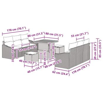 9-teiliges Garten-Sofaset mit Kissen graues Poly Rattan Akazie, 2-Sitzer Garten-Sofa mit Kissen graues Poly Rattan, 3-teiliges Garten-Ess-Set mit Kissen graues Poly Rattan Akazie