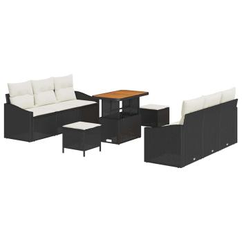 9-teiliges Garten Sofa Set mit Kissen aus schwarzem Poly-Rattan Akazie, 2-Sitzer Garten Sofa mit Kissen aus schwarzem Poly-Rattan, 3-teiliges Garten Esstisch-Set mit Kissen aus schwarzem Poly-Rattan Akazie