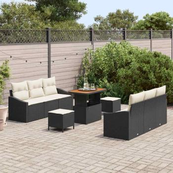 9-teiliges Garten Sofa Set mit Kissen aus schwarzem Poly-Rattan Akazie, 2-Sitzer Garten Sofa mit Kissen aus schwarzem Poly-Rattan, 3-teiliges Garten Esstisch-Set mit Kissen aus schwarzem Poly-Rattan Akazie
